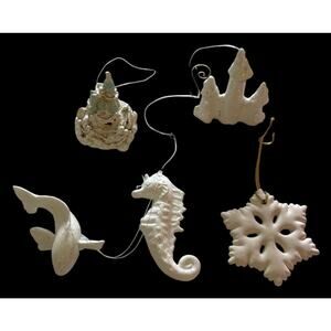 5 Vtg White Sea Life Ornaments Seahorse, Fish, Castle Sandcastle & Sand Dollar